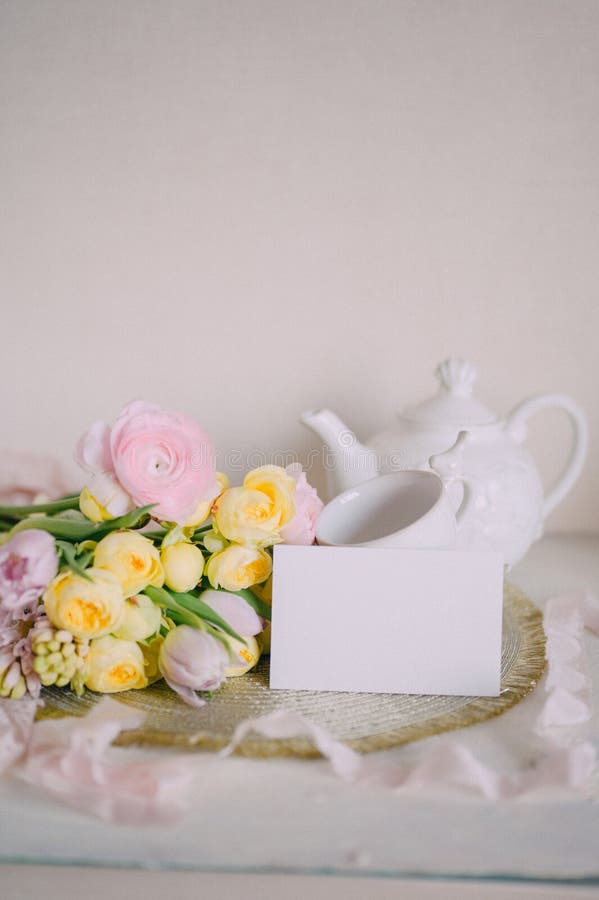 Mockup card on Soft Spring Table Setting with Pastel Flowers vector illustration