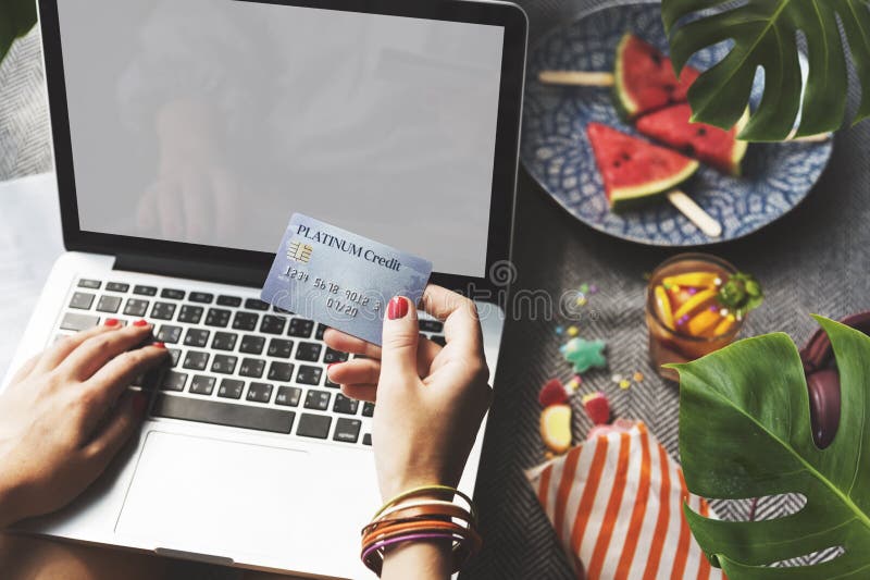 Mockup Copyspace Laptop Shopping Credit Card Concept stock photography