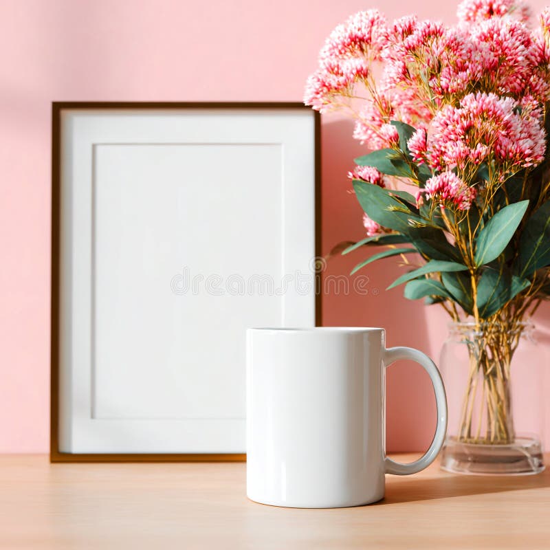 Mockup de Flores Rosa de Mug de Frame em Branco para Design ilustração stock