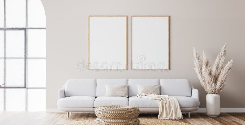 Mockup de quadro em sala de estar de fazenda design mobiliário branco em fundo de parede brilhante
