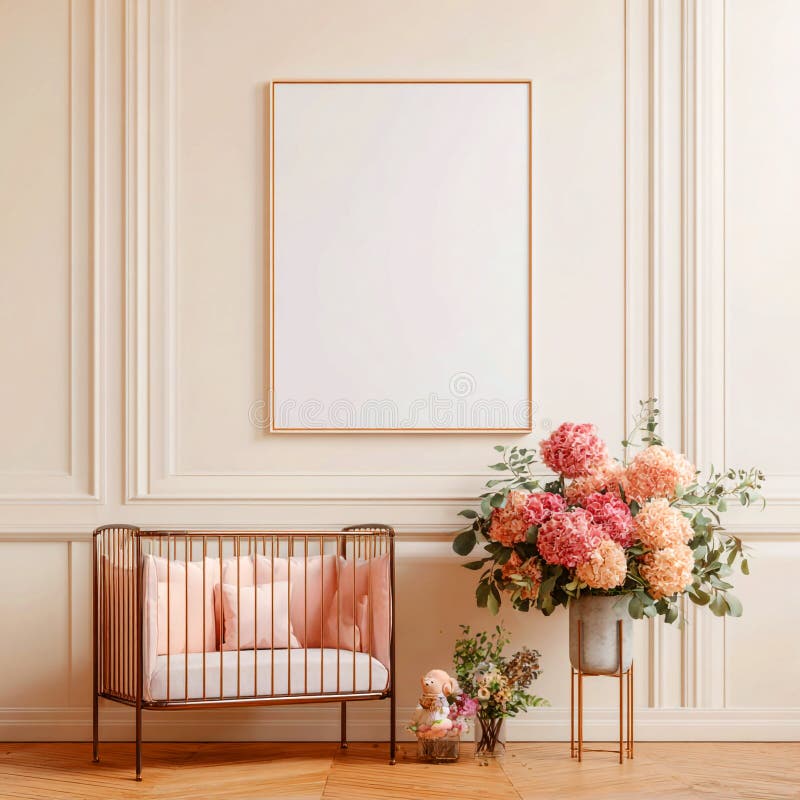 Mockup Elegant Nursery Design com Esfregão de Flores Rosa ilustração stock