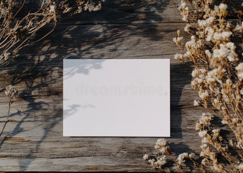 Mockup featuring a blank white postcard on a wooden table with dried flowers stock illustration
