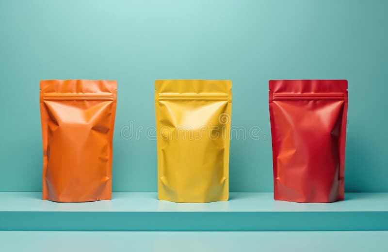 Mockup featuring three colorful pouches in orange, yellow, red, perfect for creative craft projects, personalized gift ideas. royalty free illustration