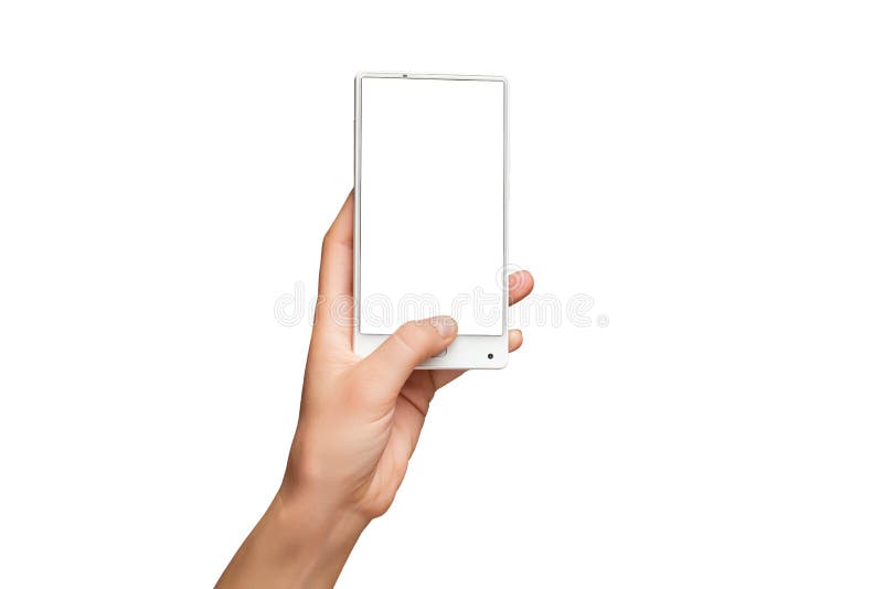 Mockup of female hand holding modern white cellphone with blank screen