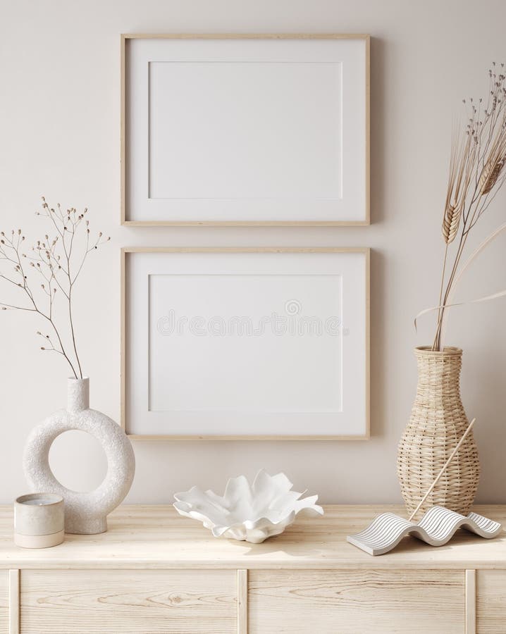 Mockup frame in Coastal boho interior background, 3d render