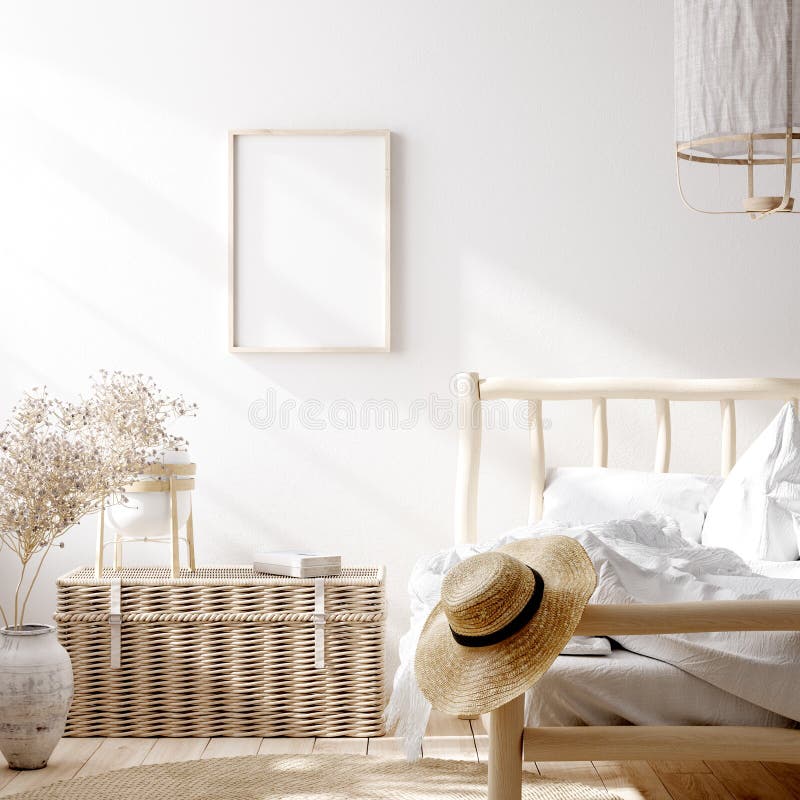 Mockup frame in farmhouse bedroom interior background