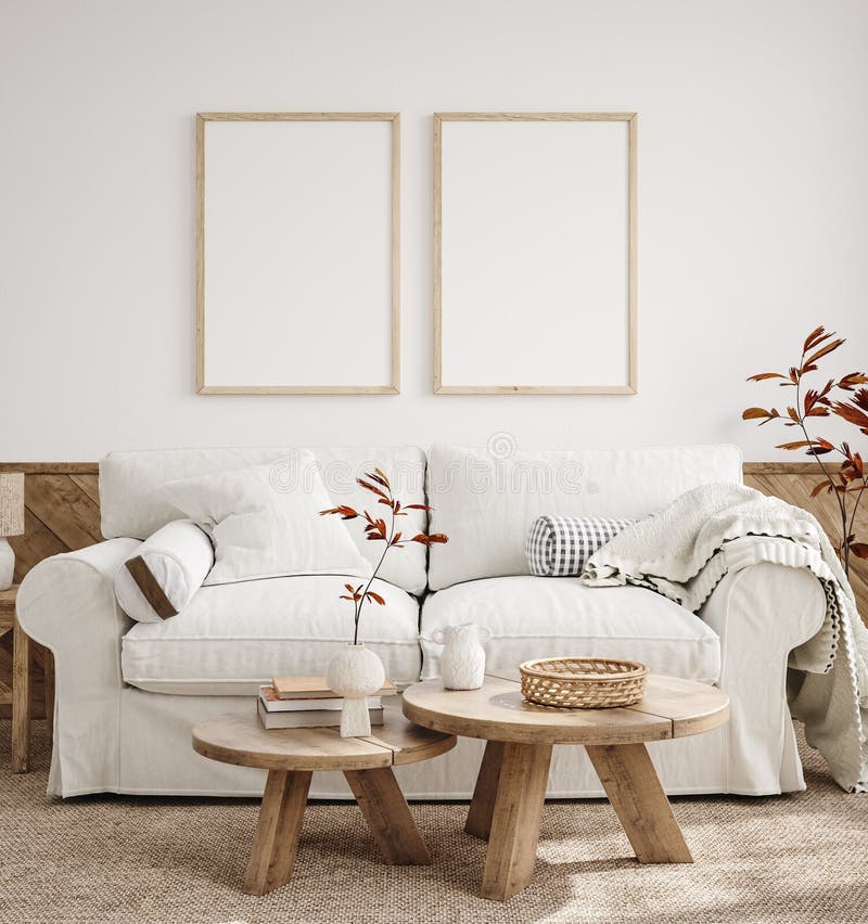 Mockup frame in farmhouse living room interior, 3d render