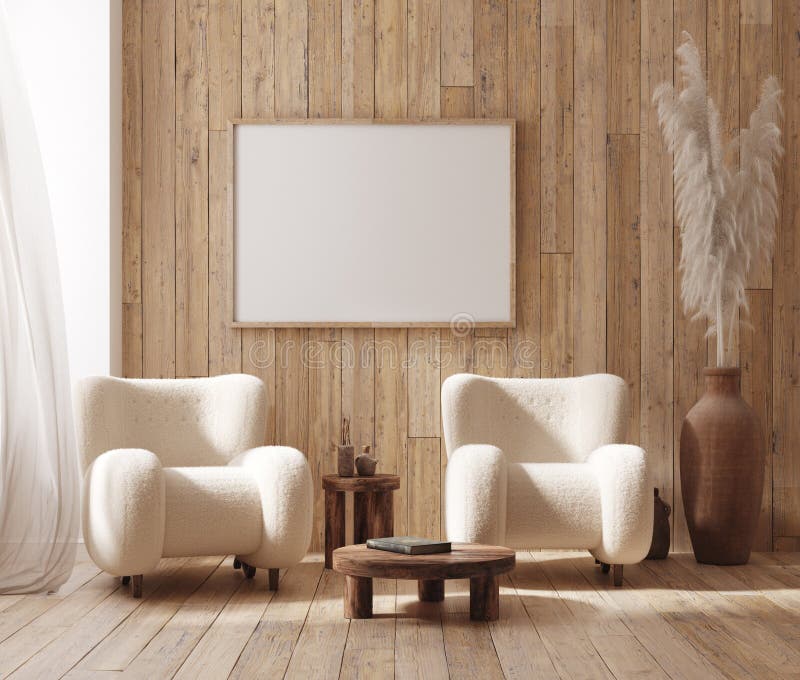 Mockup frame in farmhouse living room interior, 3d render