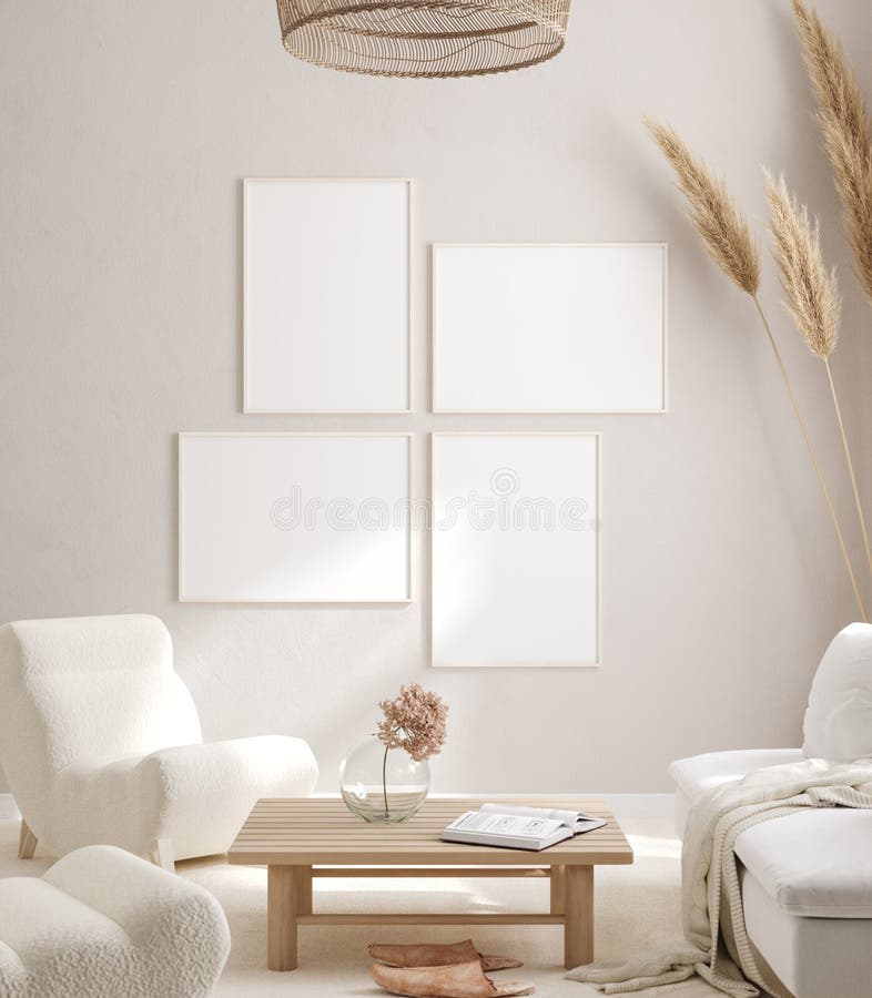 Mockup frame in interior background, room in light pastel colors, Scandi-Boho style, 3d render