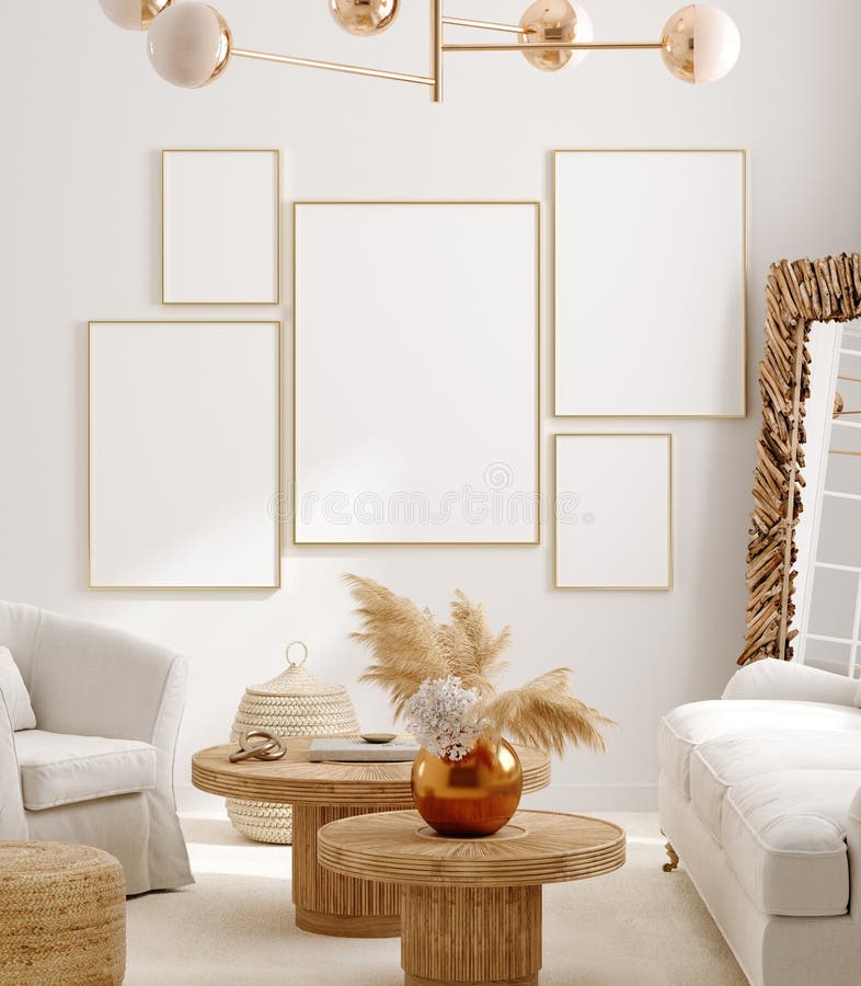 Mockup frame in interior background, room in light pastel colors, Scandi-Boho style, 3d render