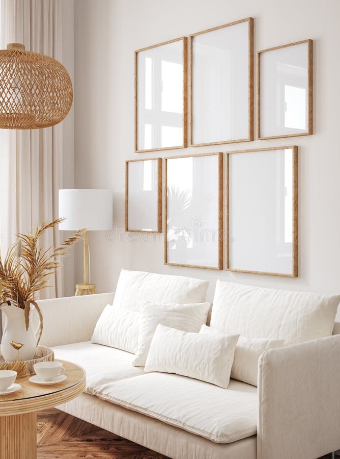 Mockup frame in interior background, room in light pastel colors, Scandi-Boho style, 3d render