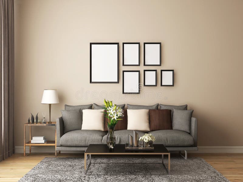 Mockup Frame in Living Room with Multiple Frame, Gray Sofa, and Khaki ...