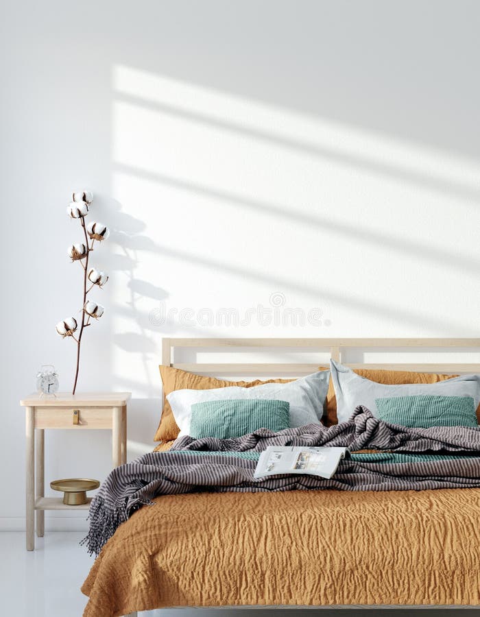 Mockup Frame, Wand im Inneren des Hauses, böhmisches Schlafzimmer, skandinavischer Stil stock abbildung