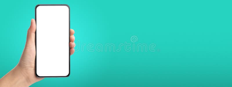 Mockup Hand Touch on Mobile Blank Screen on Green Background in Banner Size  for Display of Content To Advertise on Online Media. Stock Photo - Image of  cellular, gadget: 216392798