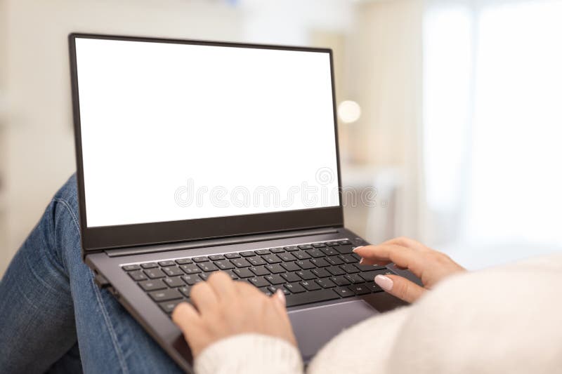Mockup image blank screen computer laptop with blank white background for advertising text. hand woman using laptop contact stock image