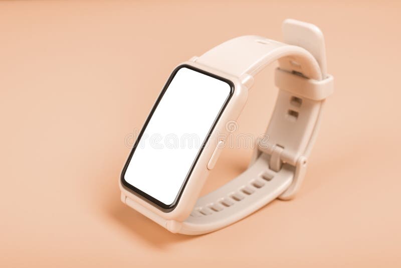 Mockup image Fitness watch on pastel background. Close-up. Front view of pink smartwatch with blank white touch screen display. royalty free stock photo