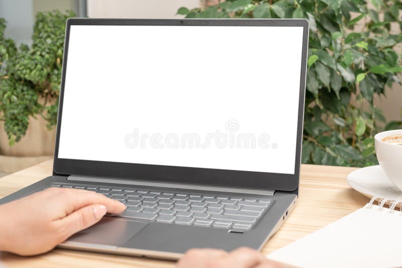 Mockup image of a woman using and touching on laptop computer touchpad with blank white desktop screen on wooden table stock photography