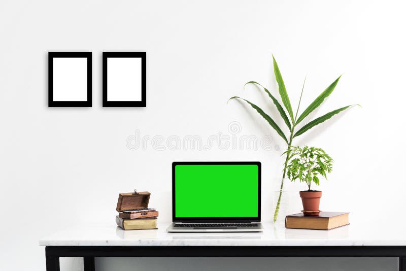 Mockup Laptop with Green Screen on Marble Desk with Nature Leaf ...