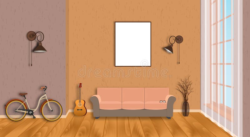 Mockup living room interior with empty frame, bicycle, guitar, wood flooring and window. Loft design concept. royalty free illustration Mockup living room interior with empty frame, bicycle, guitar, wood flooring and window. Loft design concept. royalty free illustration