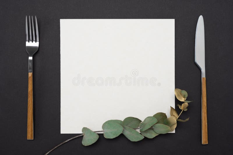 Download Mockup Menu Recipe Or Cookbook Knife Fork Square Paper Mockup Decorated With A Eucalyptus Branch On A Black Table Stock Image Image Of Food Contact 211228627