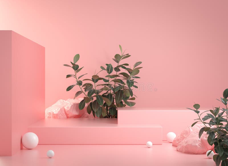 Mockup Minimal Empty Pink Podium Step With Rock And Tropic Plant Abstract Background Scene 3d Render vector illustration
