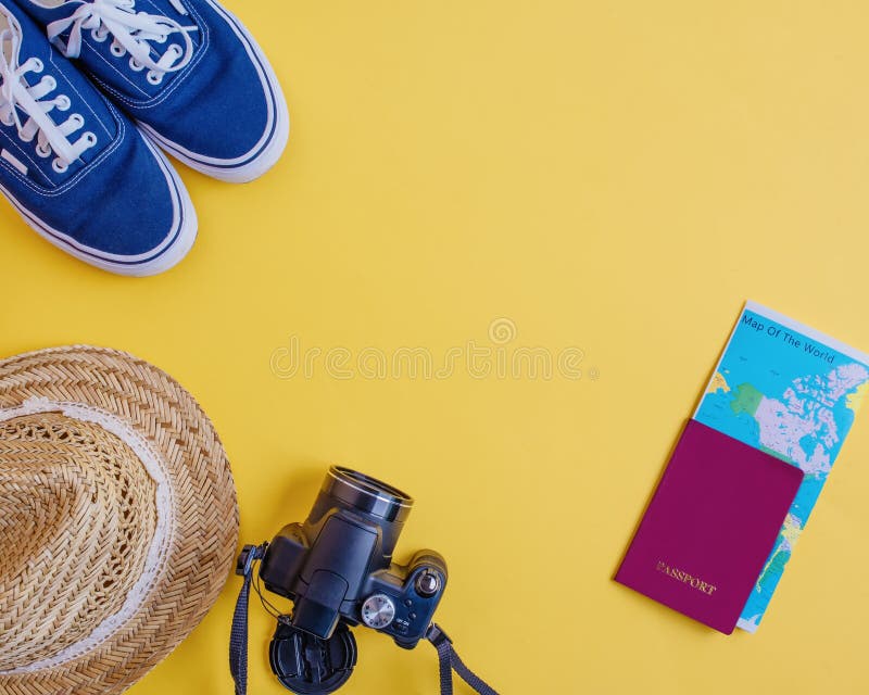 Download Mockup / Mock Up Of Straw Hat, Blue Sneakers, Black Camera, Red Passport And Map Of The World ...