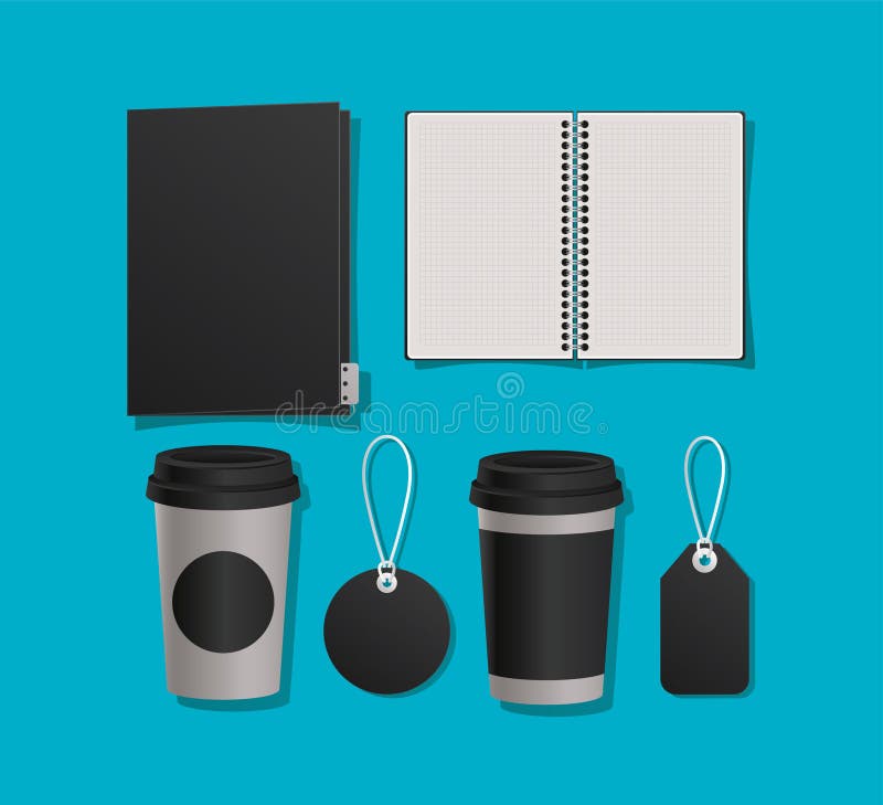 Mockup notebook file mugs and labels vector design. Mockup notebook file mugs and labels design of corporate identity template and branding theme Vector illustration