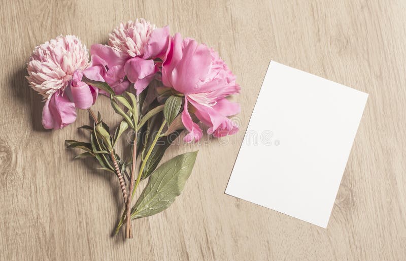 Lovely Feminine Mockup With A Vertical Blank Invitation And Peony Flowers royalty free stock photos Lovely Feminine Mockup With A Vertical Blank Invitation And Peony Flowers royalty free stock photos