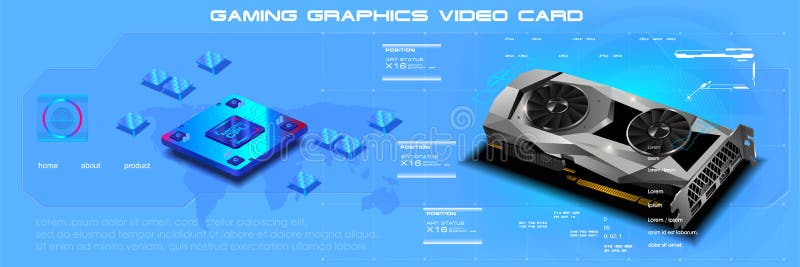 Mockup realistic video card with processor. 3D model video card for computer. Development of electronic digital microdevices. Proc royalty free illustration