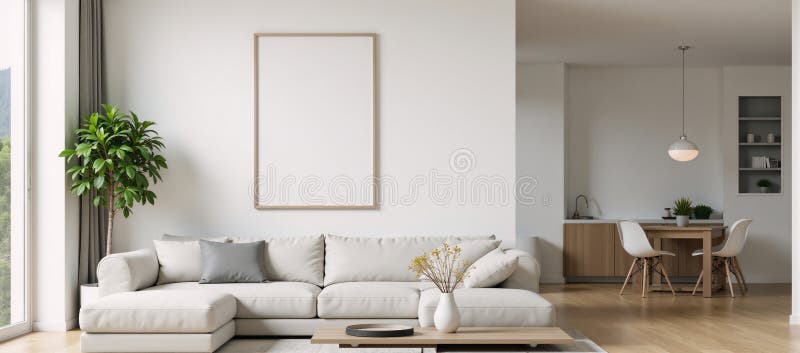 Mockup showcasing modern living room interior on a wall featuring a papersized frame displaying an image of a house against a royalty free illustration
