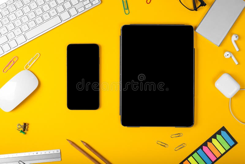 https://thumbs.dreamstime.com/b/mockup-smart-gadgets-background-office-items-yellow-background-computer-mouse-keyboard-headphones-airpods-188845346.jpg