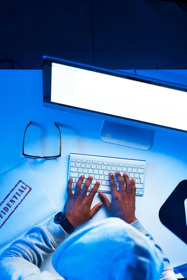 Mockup space, screen or black man hacking computer for cybercrime, malware or phishing for stealing online data. Hacker royalty free stock photography