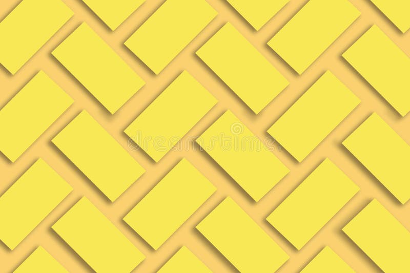 Mockup of stacks of gold business cards arranged in rows on a yellow textured paper background stock illustration