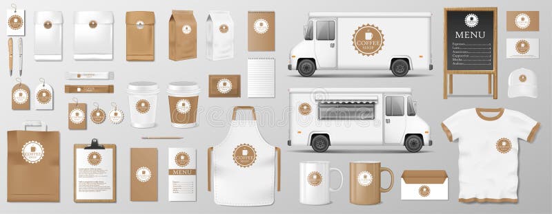 Mockup ustawiający dla sklep z kawą, kawiarni lub restauraci, Kawowy karmowy pakunek dla korporacyjnej tożsamości projekta Realis