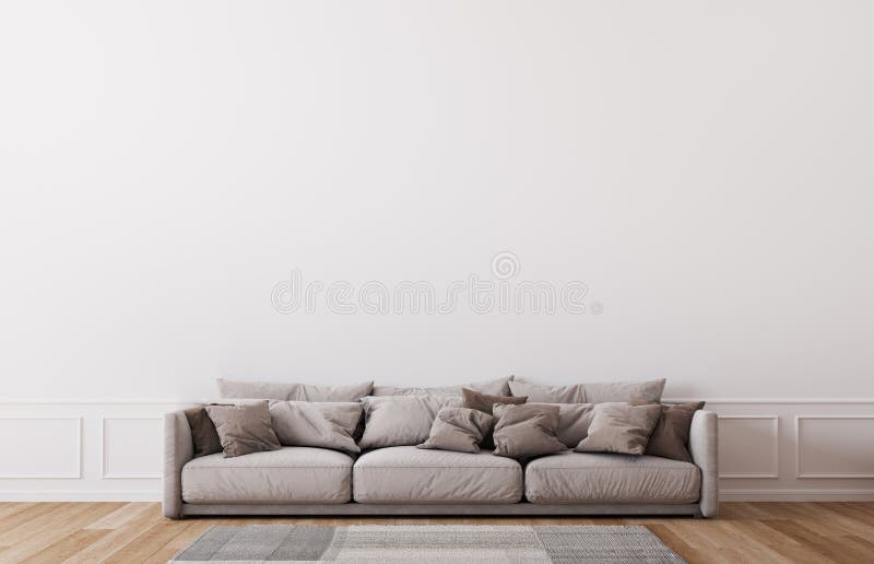 Mockup wall in farmhouse living room interior, beige sofa on empty white wall background, minimal design. Mockup wall in farmhouse living room interior, beige sofa on empty white wall background, minimal design