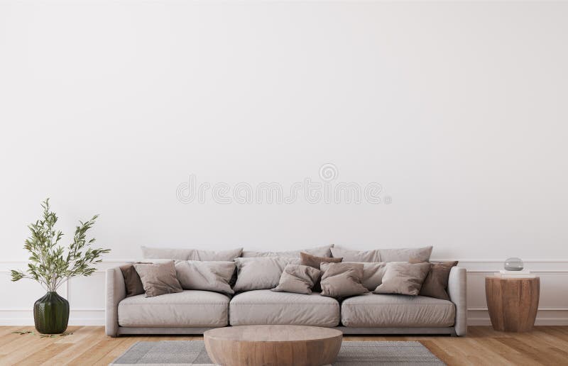 Mockup wall in farmhouse living room interior, beige sofa and wooden tables on white wall background. Mockup wall in farmhouse living room interior, beige sofa and wooden tables on white wall background