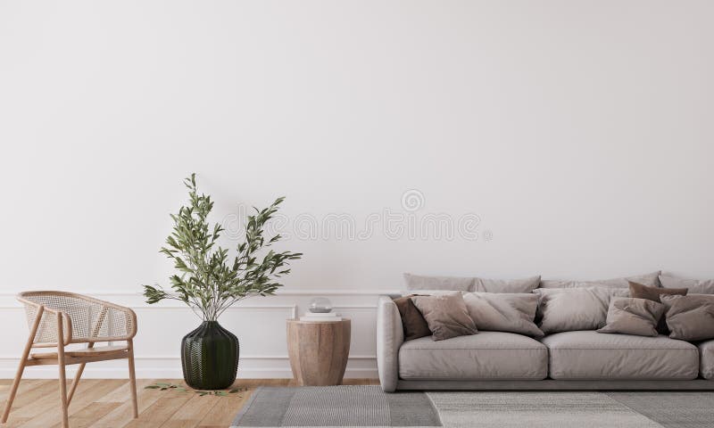 Mockup wall in farmhouse living room interior, beige sofa and wooden rattan armchair on empty white wall background, minimal design. Mockup wall in farmhouse living room interior, beige sofa and wooden rattan armchair on empty white wall background, minimal design