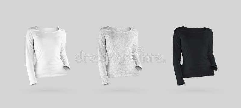 Mockup white, black, heather sweatshirt 3D rendering, female long sleeve isolated on background, front view vector illustration
