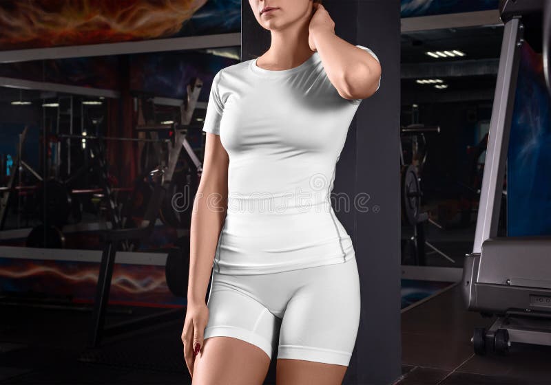 Mockup of a White Women`s T-shirt, Shorts, Compression Underwear