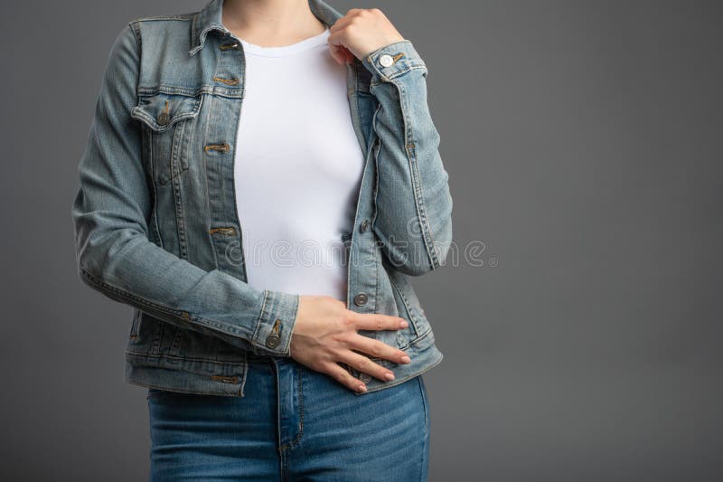 Download Mockup White T Shirt With Denim Jacket On A Gray Background Isolate For Design Logos Prints Stock Photo Image Of Handsome Copy 183699950