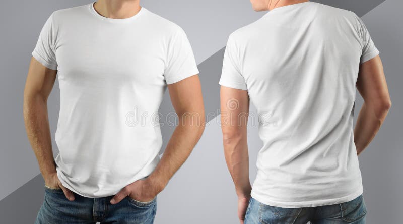 Mockup White T-shirt on Muscular Man on Gray Background. Stock Image ...