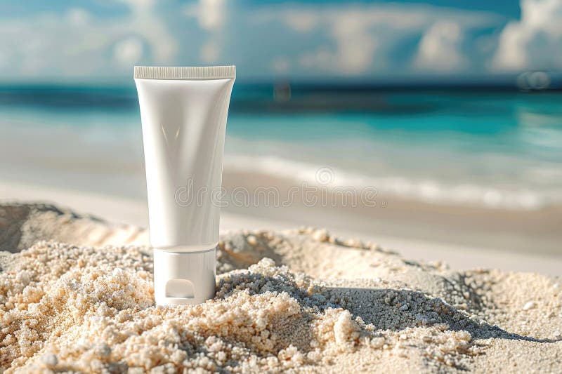A mockup of a white tube of sunscreen resting on golden sand with a blurred image of the ocean and sky in the background. The royalty free illustration
