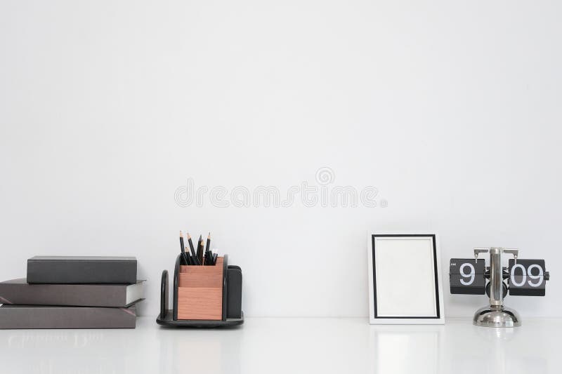 Mockup Workspace Desk and Copy Space Books on White Desk Stock Image