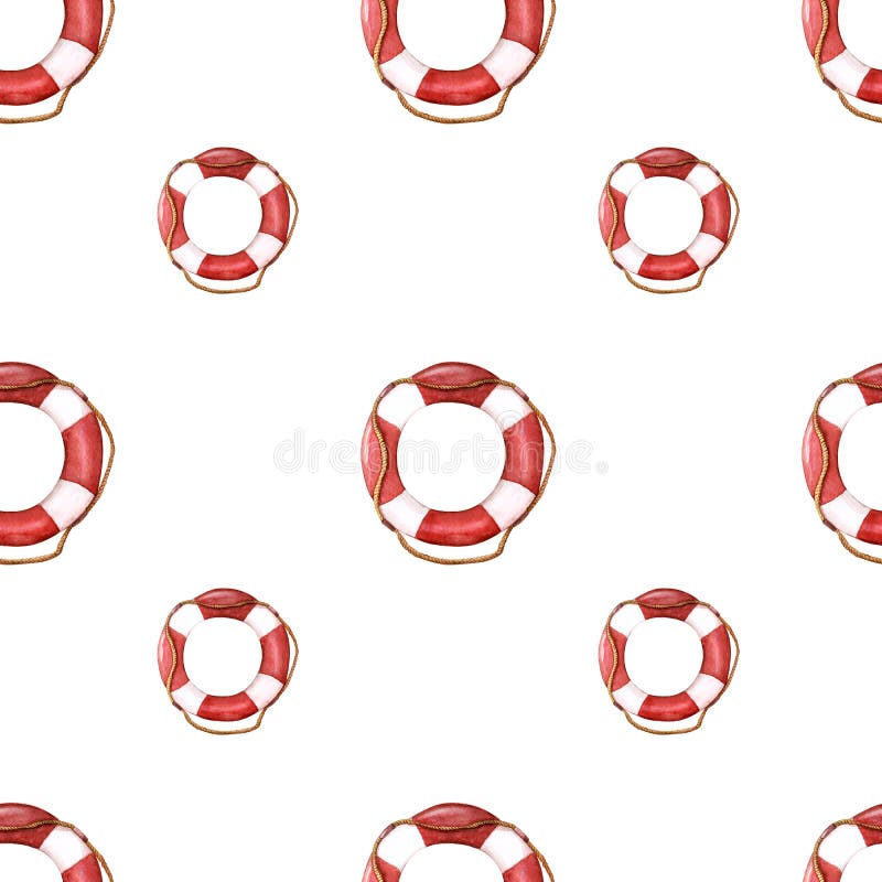 Mod?le nautique d'aquarelle modèle sans couture de vie-anneau avec la corde illustration stock Mod?le nautique d'aquarelle modèle sans couture de vie-anneau avec la corde illustration stock