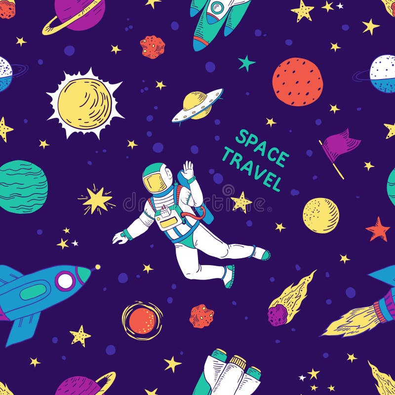 Mod?le sans couture de l'espace de griffonnage ?l?ments graphiques tir?s par la main d'astronomie d'enfants mignons ? la mode L'e illustration libre de droits Mod?le sans couture de l'espace de griffonnage ?l?ments graphiques tir?s par la main d'astronomie d'enfants mignons ? la mode L'e illustration libre de droits