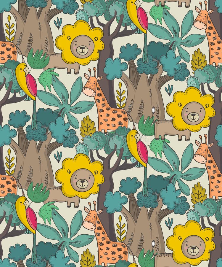 Mod?le sans couture de vecteur avec les animaux de bande dessin?e, les plantes de jungle et les arbres africains illustration stock Mod?le sans couture de vecteur avec les animaux de bande dessin?e, les plantes de jungle et les arbres africains illustration stock
