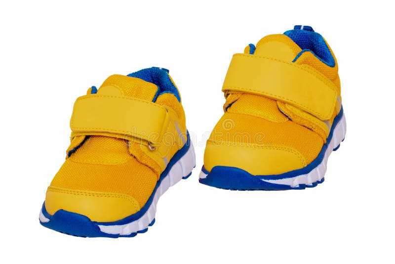Moda De Zapato Infantil. Cierre De Un Par De Zapatillas Azules Amarillas Para NiÃ±os O Zapatos Aislados Un Fondo Bla Imagen de archivo - Imagen de ocasional, modelo: 157598251