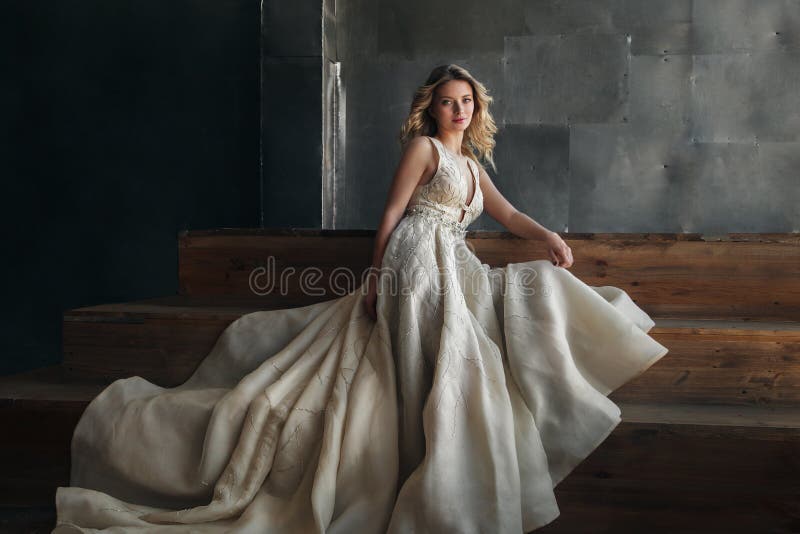 Moda model w długiej sukni na metalu tle obraz stock Moda model w długiej sukni na metalu tle obraz stock