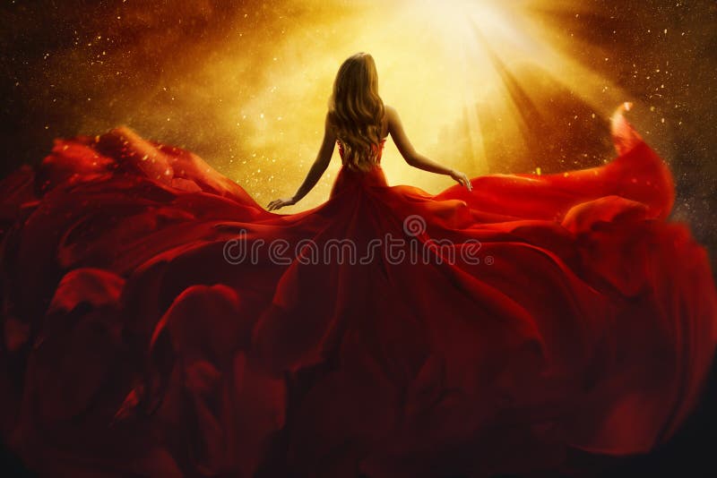 Moda modela Z powrotem strona w Czerwonej latanie sukni, kobieta Tylni widok