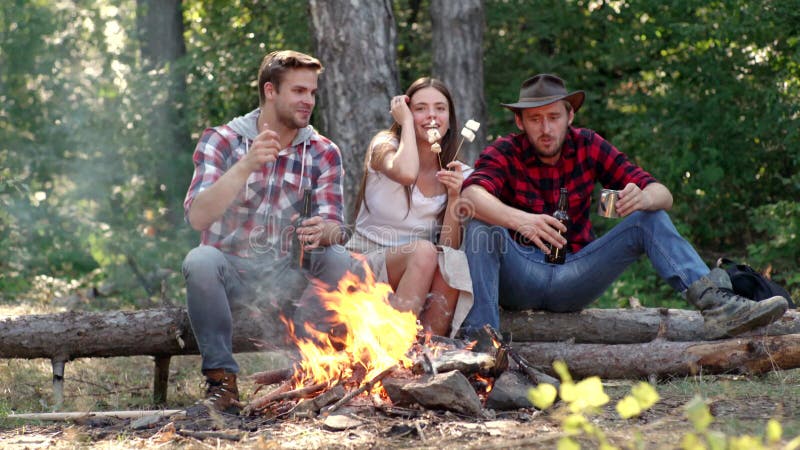 Mode de vie d'été Société dont le fond de nature de pique-nique de mise à niveau Amis rôtissant des hot dogs sur les bâtonnets au clips vidéos